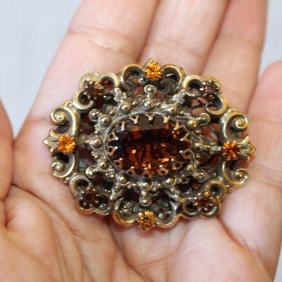 Vtg 80's Victorian Pendant & brooch Signed Hobe Had 20.7g Garnet Rhinestone - Picture 7 of 11